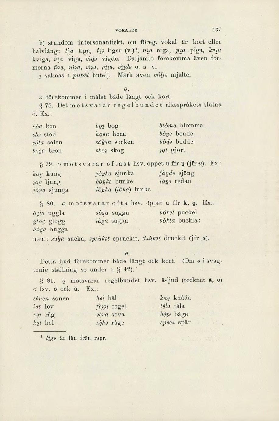 VOKALER 167 b) stundom intersonantiskt, om föreg. vokal är kort eller halvlång: tia tiga, tia tiger (v.)1, nia niga, pia piga, kvia kviga, via viga, vida vigde.