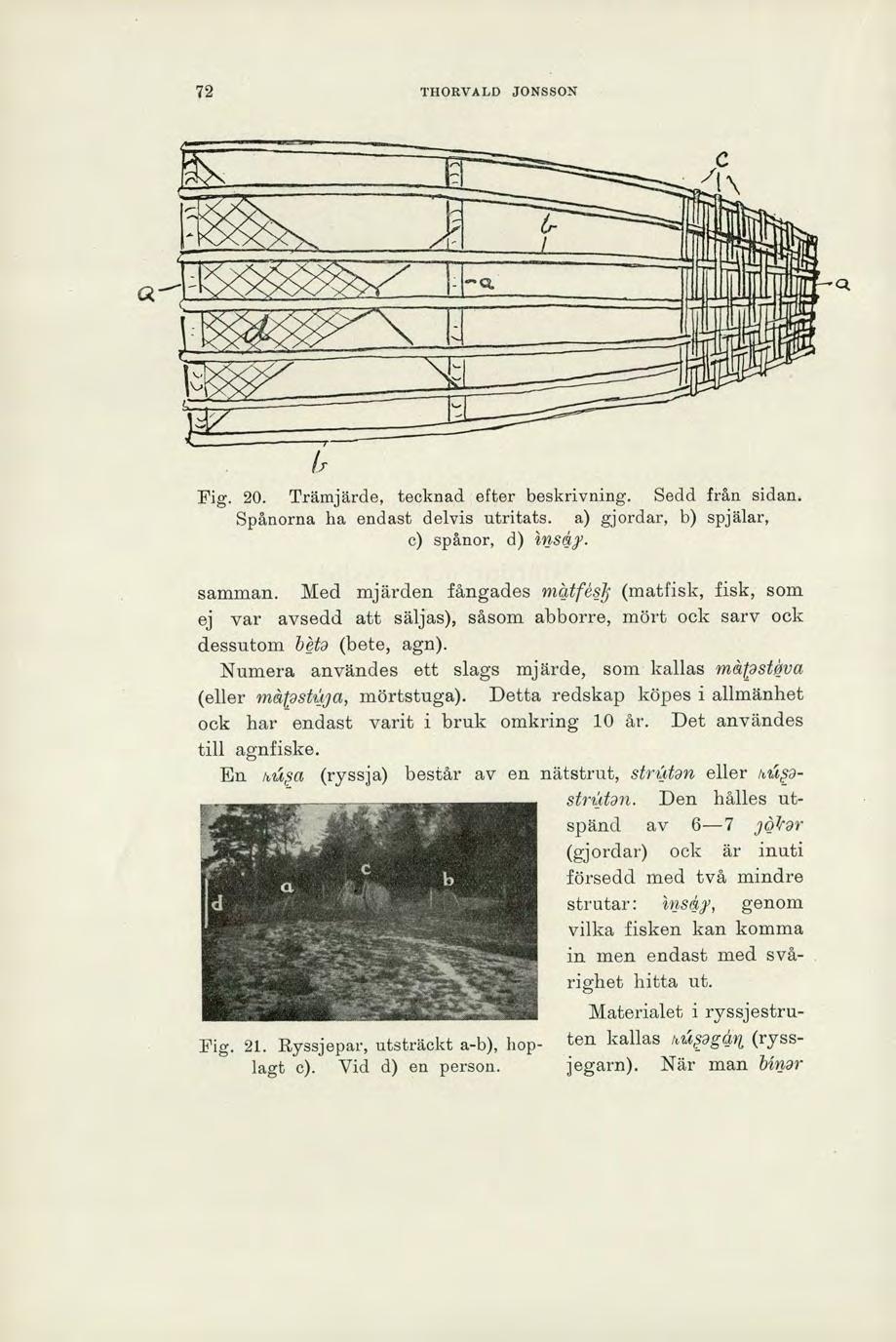 72 THORVALD JONSSON Fig. 20. Trämjärde, tecknad efter beskrivning. Sedd från sidan. Spånorna ha endast delvis utritats. a) gjordar, b) spjälar, c) spånor, d) ittfigiy. Fig. 21.