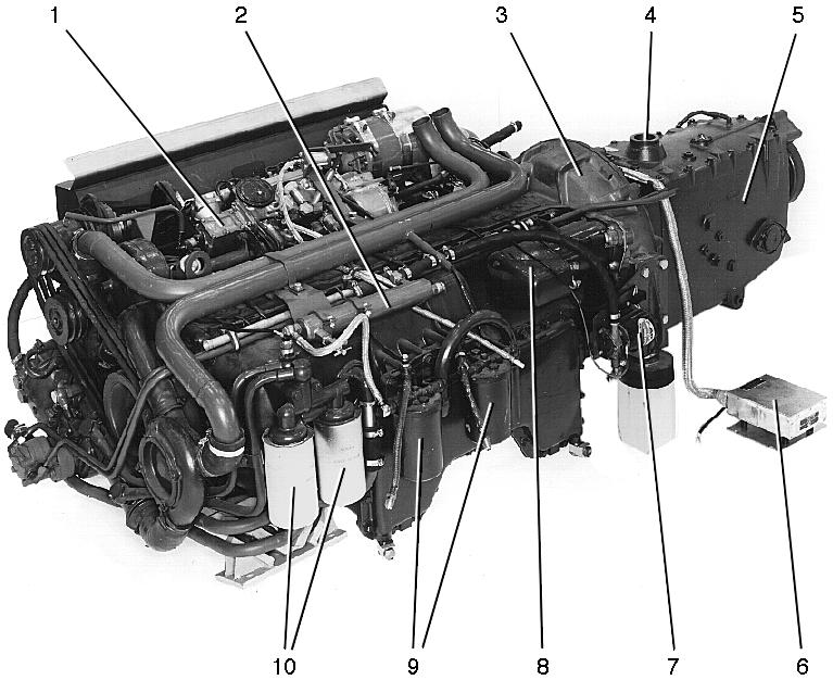 Motoraggregat med växellåda sett från cylinderlockssidan 1 Insprutningspump 6 Laddningsregulator 2