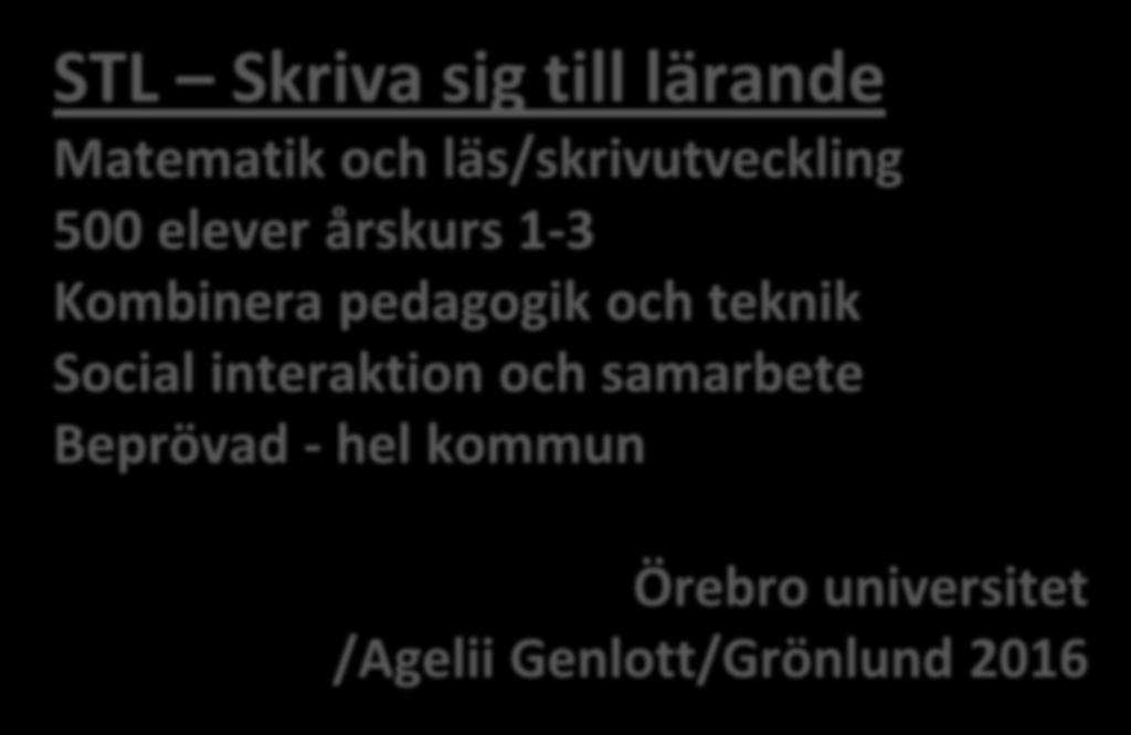 Forskning STL Skriva sig till lärande Matematik och läs/skrivutveckling 500 elever årskurs 1-3 Kombinera pedagogik och teknik