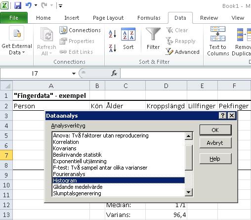 2:1 Histogram för kroppslängd. Använd alternativet Dataanalys.