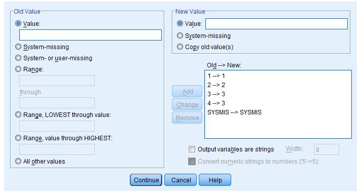 Att skapa nya variabler Koda en ny variabel utifrån värdena på en gammal variabel Antag att vi har en variabel som kan anta värdena 1, 2, 3 eller 4. Du vill nu dela in ditt material i tre grupper.