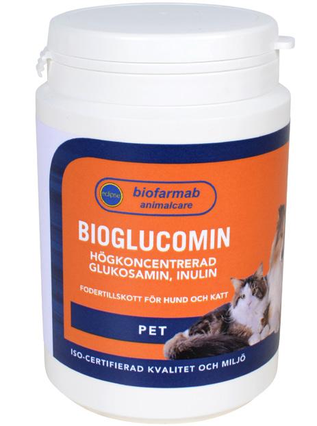 BIOGLUCOMIN Glukosamin är en kroppsegen substans i hund och katt som utgör en viktig komponent vid bildandet av senor, leder och brosk.