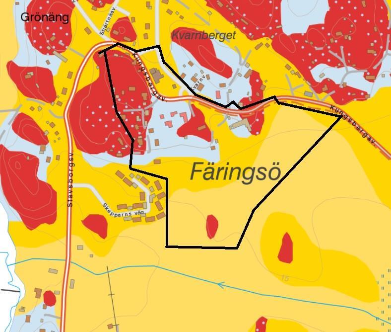 3.5 GEOLOGISKA OCH TOPOGRAFISKA FÖRUTSÄTTNINGAR Planområdet består av berg (rött), morän (blått), glacial lera (mörkgul) samt postglacial lera (ljusgul)(figur 3).