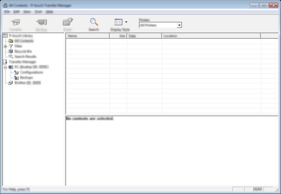 Använda P-touch Transfer Manager och P-touch Library (endast Windows ) Huvudfönster 10 1 2 3 5 4 6 1 Menyrad Ger tillgång till olika kommandon som är grupperade under varje menyrubrik ([Arkiv],