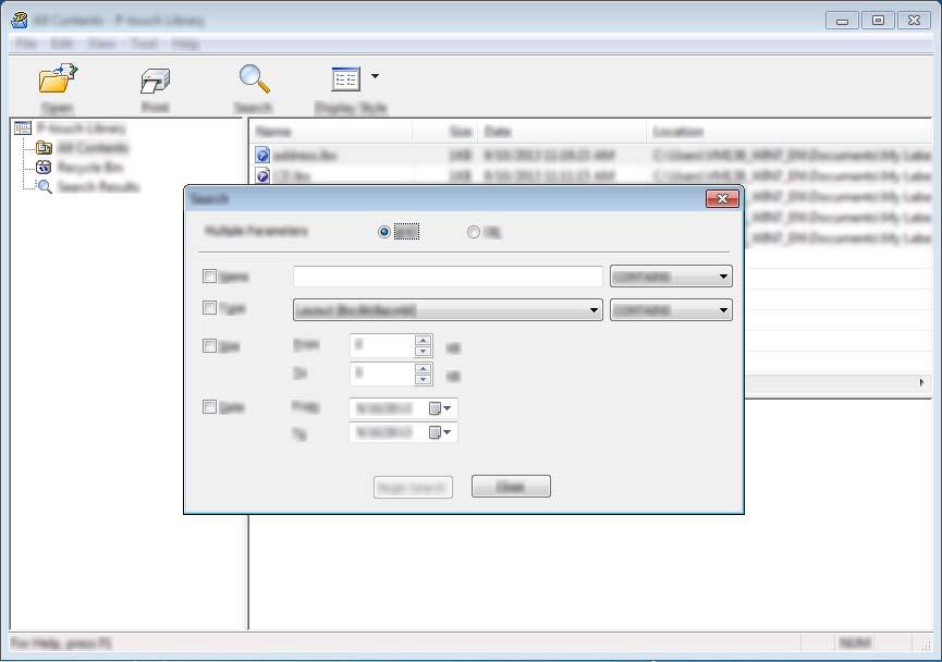 Använda P-touch Transfer Manager och P-touch Library (endast Windows ) Söka efter mallar 10 Du kan söka efter mallar som registrerats med P-touch Library. a Klicka på [Sök]. Dialogrutan [Sök] visas.