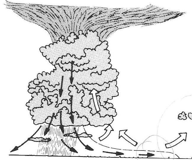 Cumulonimbus, Cb Kraftiga fallvindar framför Cb (som rör sig snabbt) Plötslig stark markvind kan blåsa iväg plan