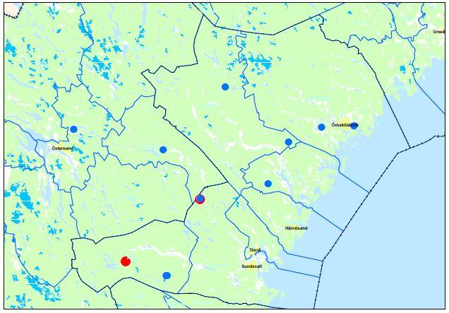 Figur 2. Färska angrepp av barkborrar på stående växande gran i äldre gallrings- och slutavverkningsmogen granskog. Västernorrlands län samt Bräcke, Ragunda och Östersund kommun i Jämtlands län 2016.