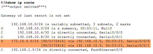 Granskning av routing-tabell Vägvalstabellen för R3 visar att både R1 och R2 summerar automatiskt 172.16.0.0/16 nätet och skickar ut route till R3.