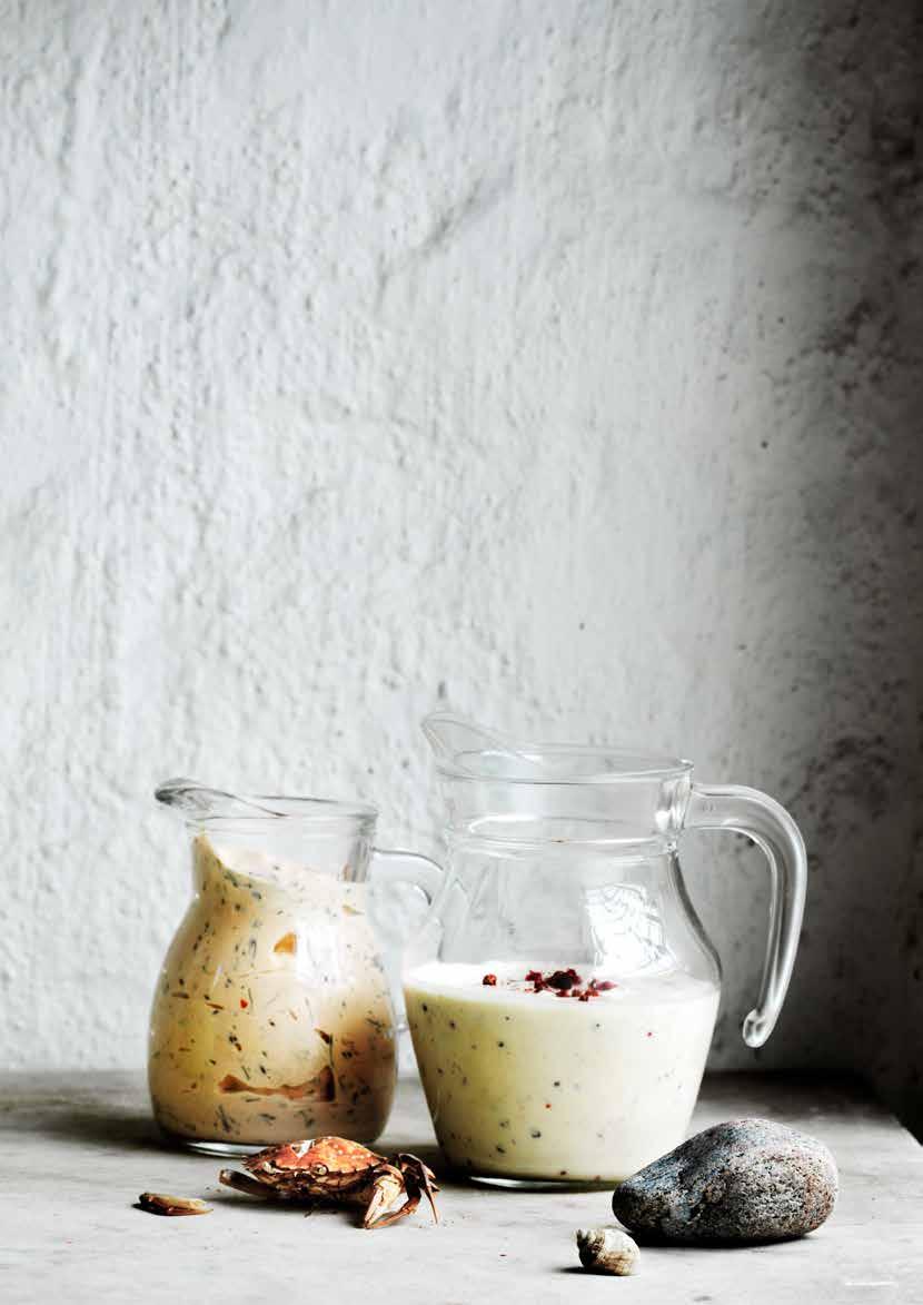 GURKMEJA-CITRUS 4 dl crème fraiche 4 dl majonnäs 1 dl naturell yoghurt 3 msk gurkmeja ½ dl apelsinjuice salt & peppar Allt blandas samman och smakas av med salt och peppar.
