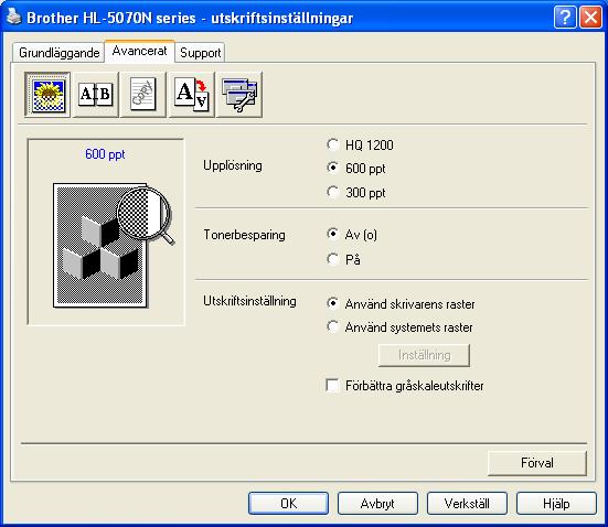 Fliken Avancerat Om du använder Windows NT 4.0, Windows 2000 eller XP kan du komma åt fliken Avancerat genom att klicka på Utskriftsinställningar.