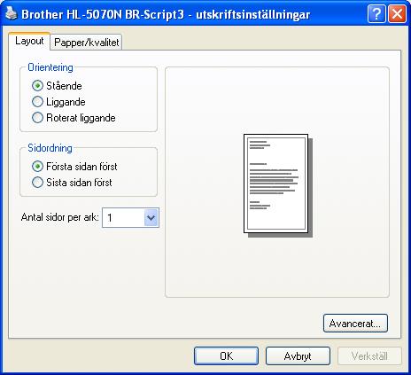 Fliken Layout Om du använder Windows NT 4.0, Windows 2000 eller XP kan du komma åt fliken Layout genom att klicka på Utskriftsinställningar.