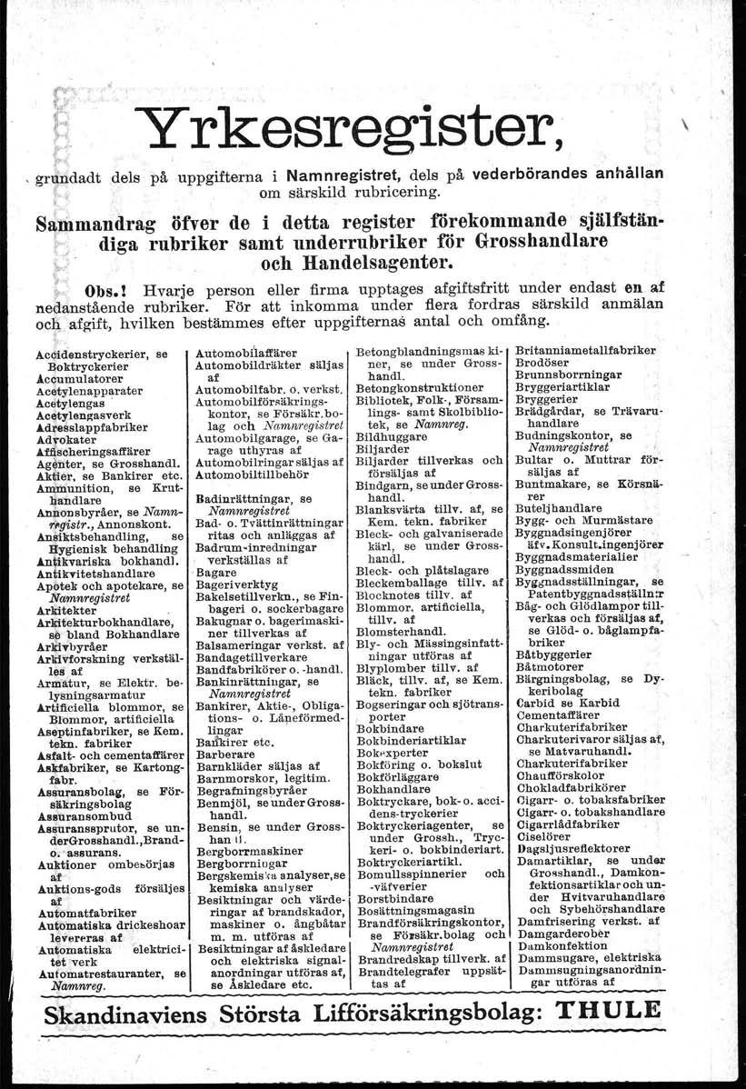 ~. J~ ~~..' Yrkesregister, \ gnindadt r dels på uppgifterna i Namnregistret, dels på vederbörandes anhållan om särskild rubricering.