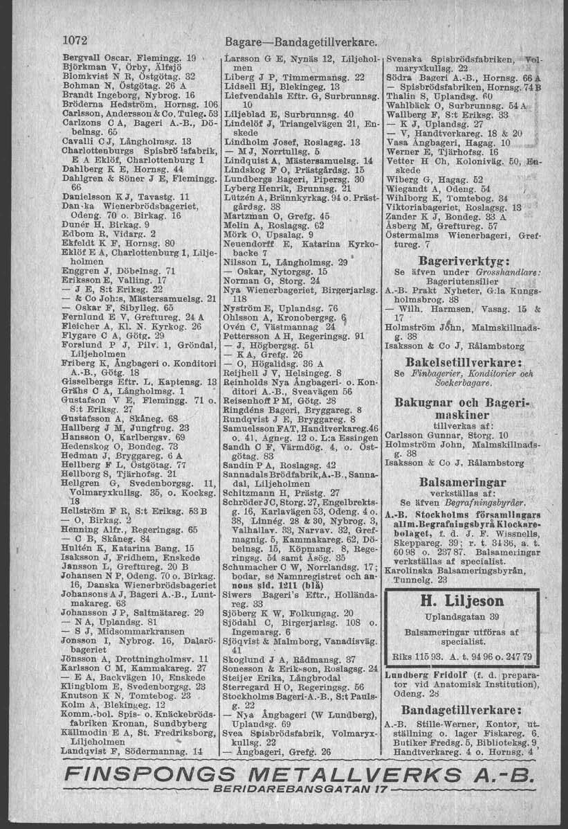 ". 1072 Bergvall Oscar, Flamingg. 19 Björkman V, Örby, Älfsjö Blomkvist N R, Östgötag. 32 Bohman N, Östgötag. 26 A Brandt Ingeborg, Nybrog. 16 Bröderna Hedatröm, Hornsg.