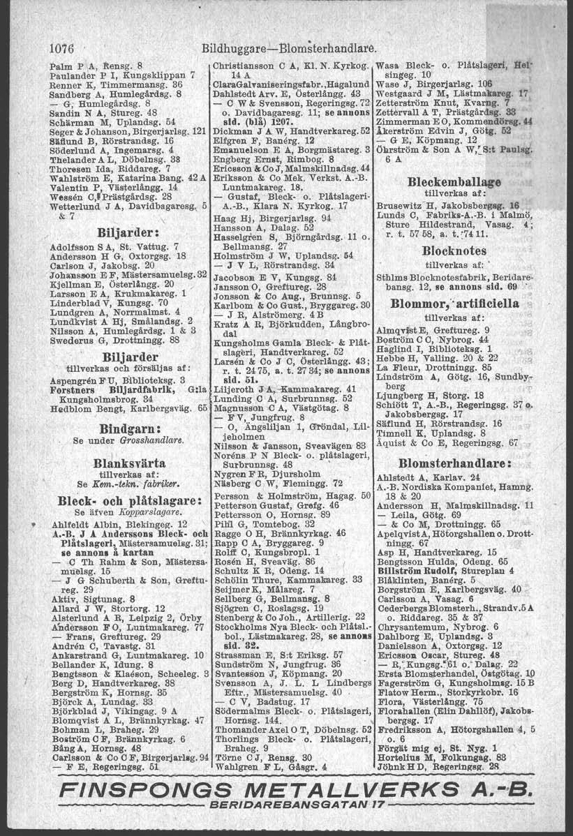 1076. Bildhuggare-Blomsterhandlare. Palm P la,!tensg. $ IChristiansson C A, Kl. N. Kyrkog. Paulander P I, Kungsklippan 7. 14 A Renner K, Timmermansg. 36 ClaraGalvani.eringsfabr.