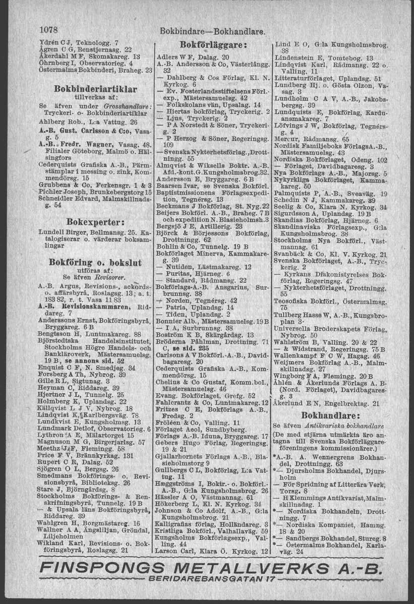 1078 Ydr~nCJ, Teknologg. 7 Ågren C G, Renstjernasg. 22 lierdah! M F, Skomakareg. 1~ Öhrnberg I, Observatorteg. 4 östermalms.bokbinderi, Braheg.