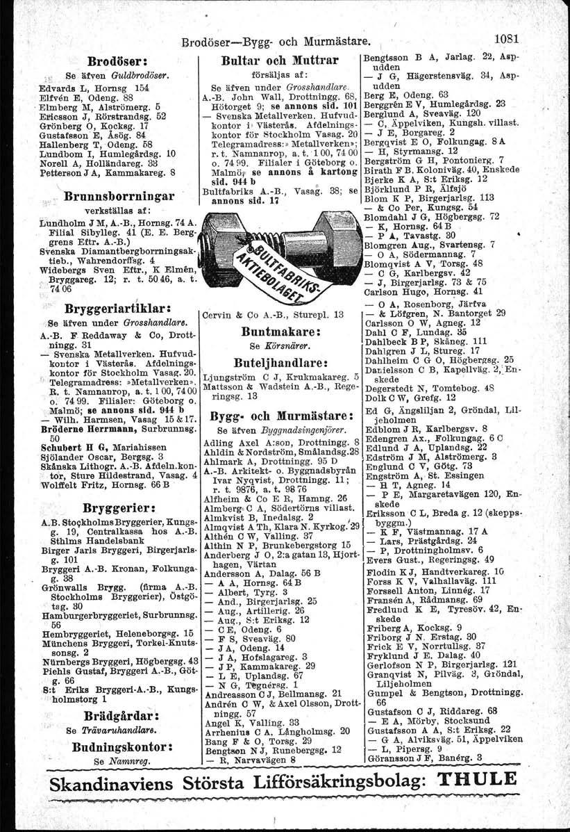 Brodöser: "E Se - äfven' Guldbradöser. EdvardsL, Hornsg 154 Elfven E, Odeng. 88 'Elmberg M, Alströmerg. 5 Ericss,on J, Rörstrandsg. 52 Grönberg O, Kocksg. 17 Gustafsson' E, Åsög.