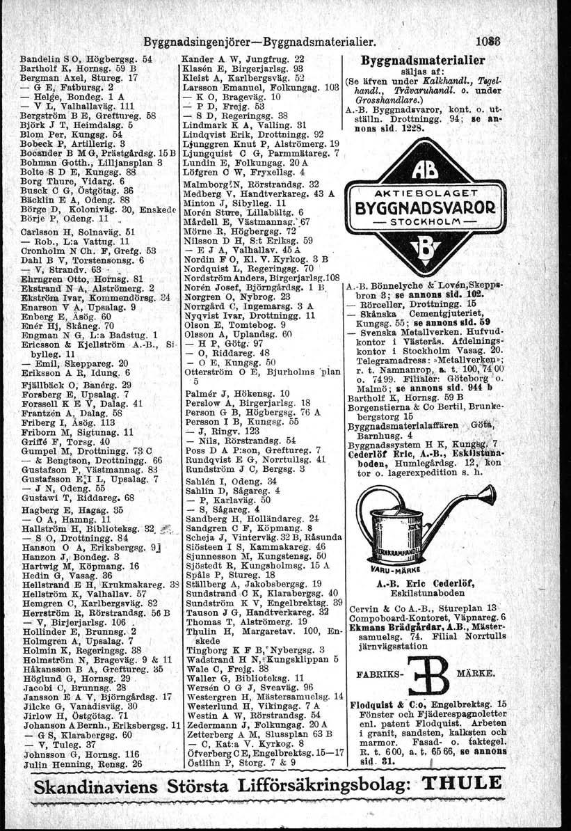 Bandelrr; WO,'Hö,gbergsg. Barlholf K, H0rI!Bg. 59 B Bergman Axel, Slureg. 17 f - G E;, Fatbursg. 2' - Helge, Bondeg. 1 A - V L, Valhalla'{äg. 111, Bergström B E, Greftureg. 58 Björk s T, Heimdalsg.
