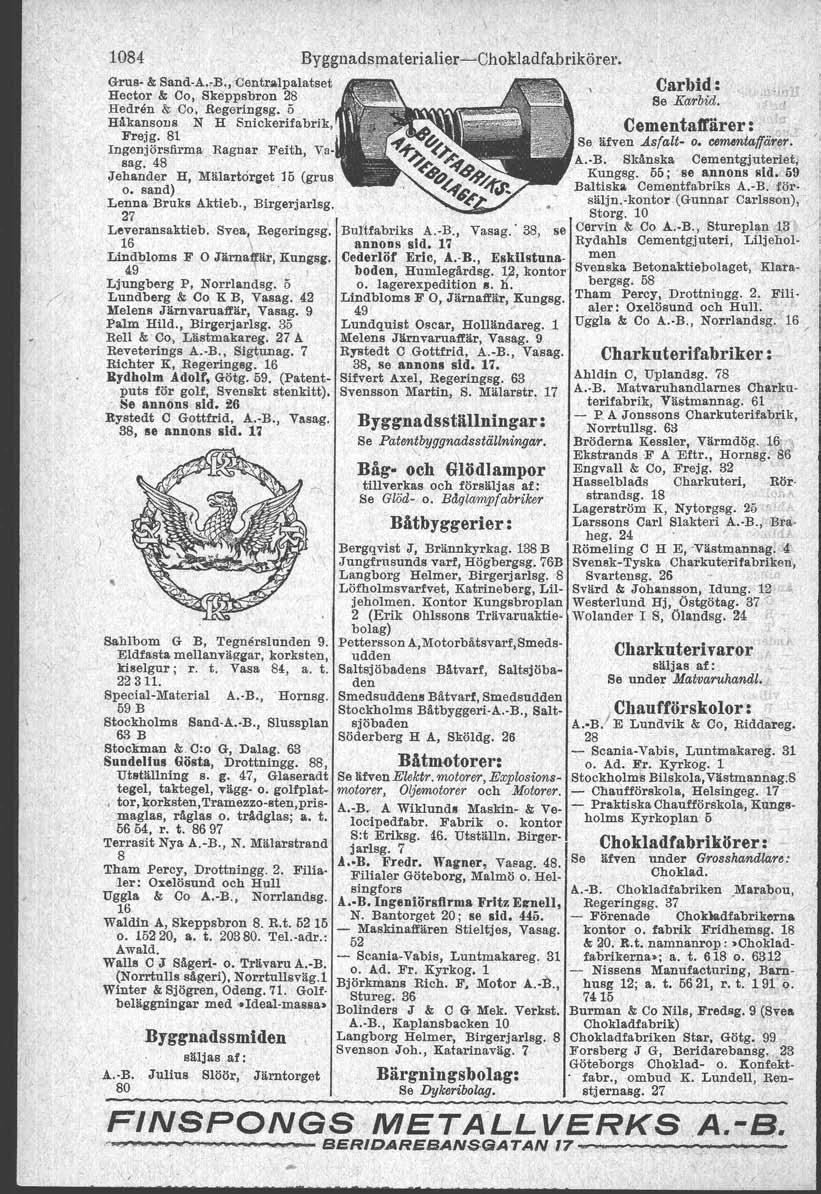1084 Byggnadsplaterialier-Chokladfabrikörer. Grus- &; Sand-A. B:,'Centralpalat.et Hector &; Co, S)rilpp.bron 28 Hedren & Co, Begertngsg, 5 Håkansons N H Snickerifabrik, Frejg. 81 Ingenjörsfirma.