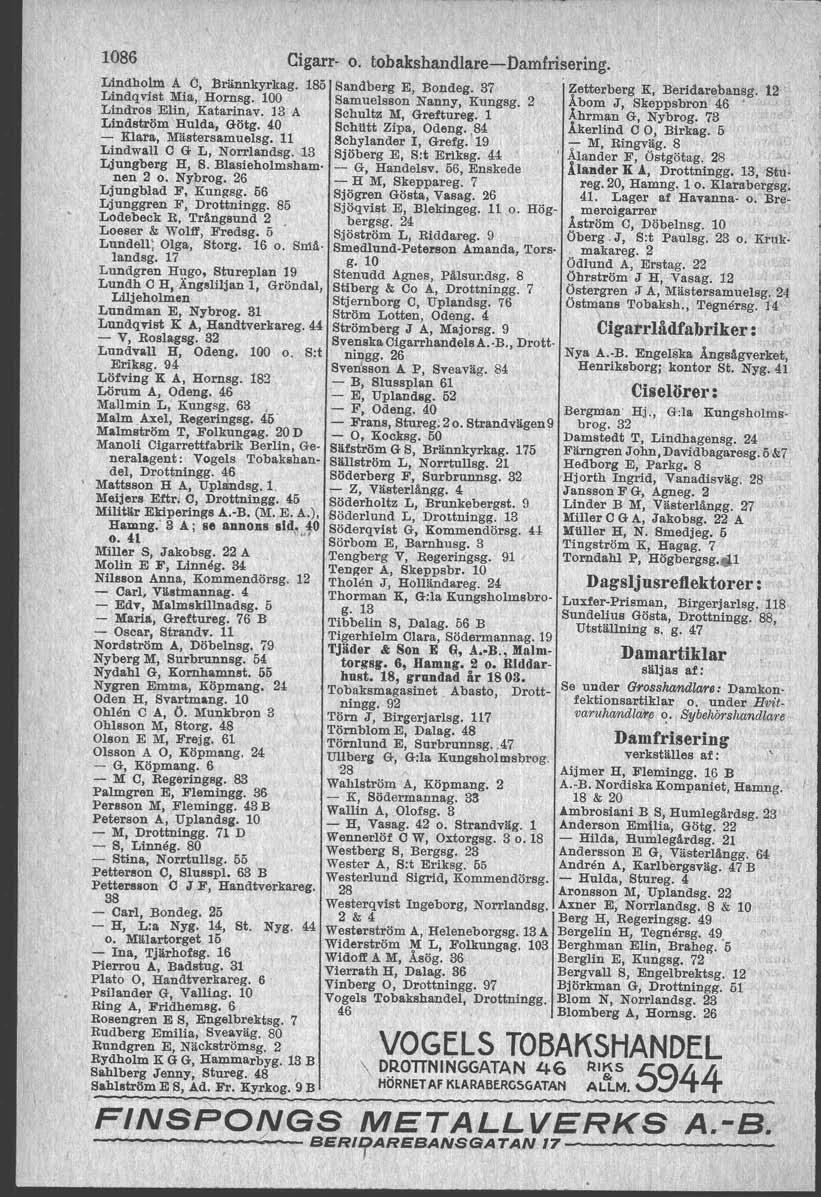 1086 Cigarr- o. tobakshandlare-damfrisering. Zetterberg K, Beridarebansg. 12 Åbom J, Skeppsbron 46 ' Åhrman G, Nybrog. 73 Åkerlind e 0, Birkag. 5 - M, Ringväg. 8 Ålander F, Östgötag. 28.