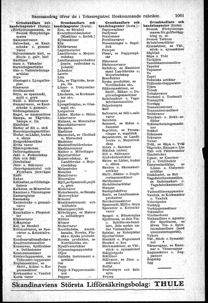 I ' 'Sainmanaråg~öfver 'de i Yrkesregistret förek'omman~e-tubriker. 106'j '';"f. Gr~tishandlare Jo'ch', GroRRhandlare oeh l' Grosshandlare oeh - Grosshandlare ~ oell, handels"ge'!t~r Horts): ;hand.