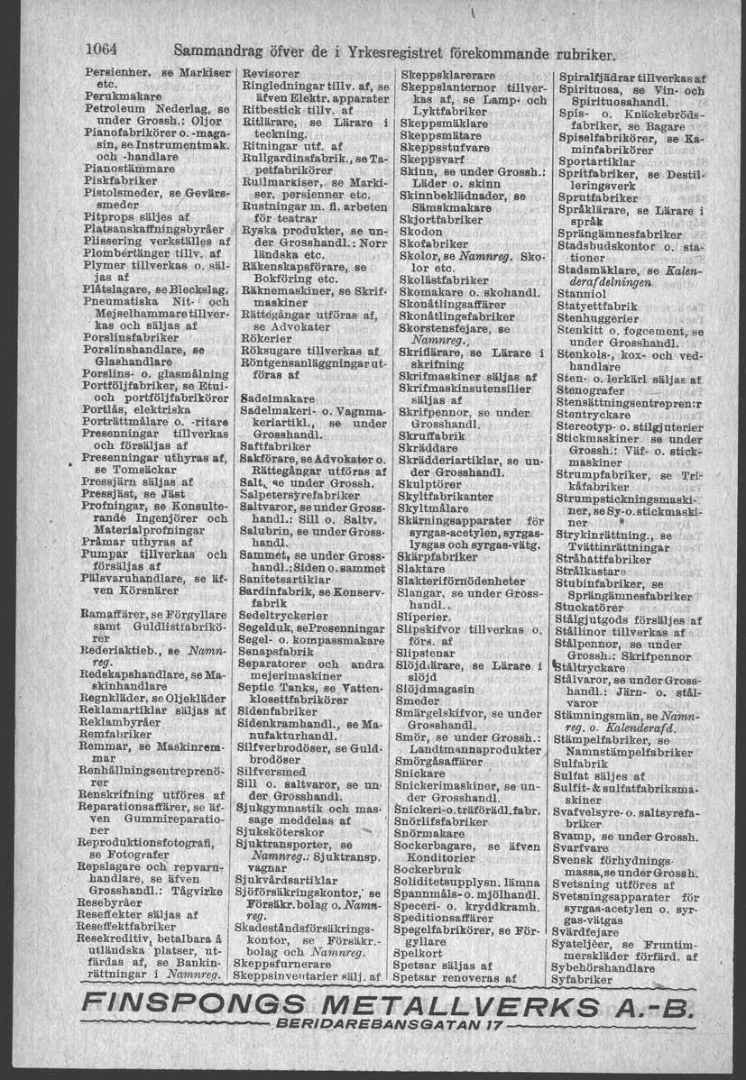 1064 Sammandrag öfver de i Yrkesregistret f6rekommande rubriker. Persienher, se Markiser etc. Perukmakare Petroleum Nederlag, se under Grossh.: Oljor Pianofabrikörer o. -magasin, se In8trum~ntm'ak.