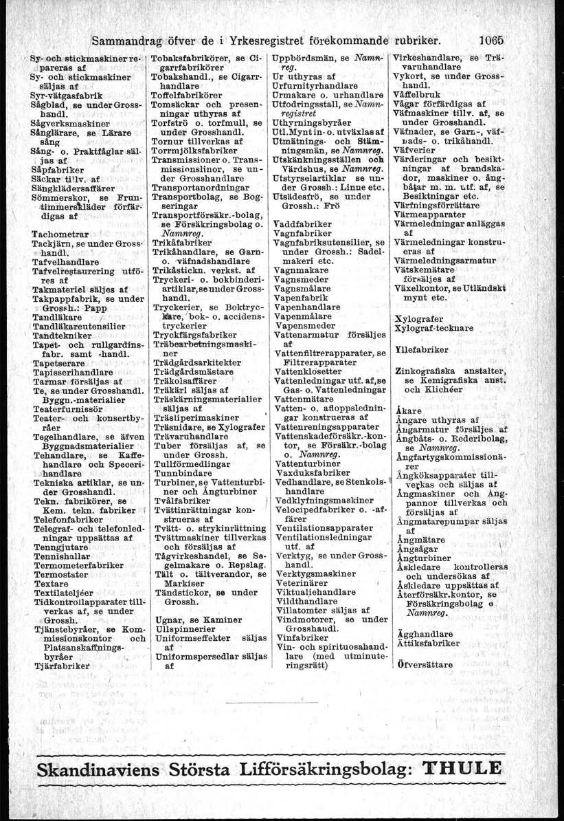 ".'Sammandragl1öfver de.i Yrkesregistret förekommande" rubriker, 1065' " Syc. och 'sticklaskiner rs. 'Tobaksfabrikörer, se Ci- Uppbördsmän, se Nam ' "Virkeshandlare, se Trä.t.p,sreras af gar'rfabrikörer\ -reg.