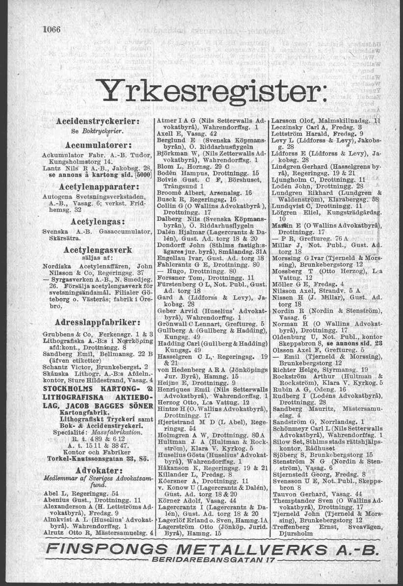 1066 hl IVi 'fl _1~1f.';,;d t",,? divi "y Il,,,,:\: \ Yrkesregister: j, Accidenstryckerier: Se Boktryckjrier. Accumulatorer:.Ackumulator Fabr. A.-B. Tudor, Kungsholmstorg 14. Lantz Nils R A. B., Jakobsg.