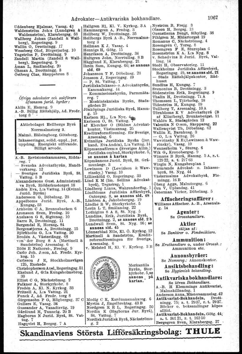 , Uddenberg Hjalma.r, Vasag. 4.'2 Waldenström Joh:s (Lundgren & Waldenström), Klarabergsg. 58 Wallberg Johan (Zandel! & Wall berg), Regeringsg. 9 Wallin 0, Drottningg. 17 WesBbe~g Olof, Birgerjarlsg.