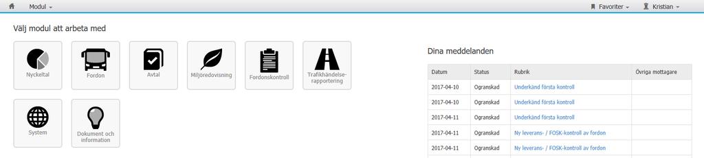 Kom igång med FRID Trafikföretag llmän kollektivtrafik 3 Navigering i FRID 3.1 Startsidan Startsidan i FRID visar de moduler som du som inloggad användare har tillgång till 1 2 6 3 5 4 1.