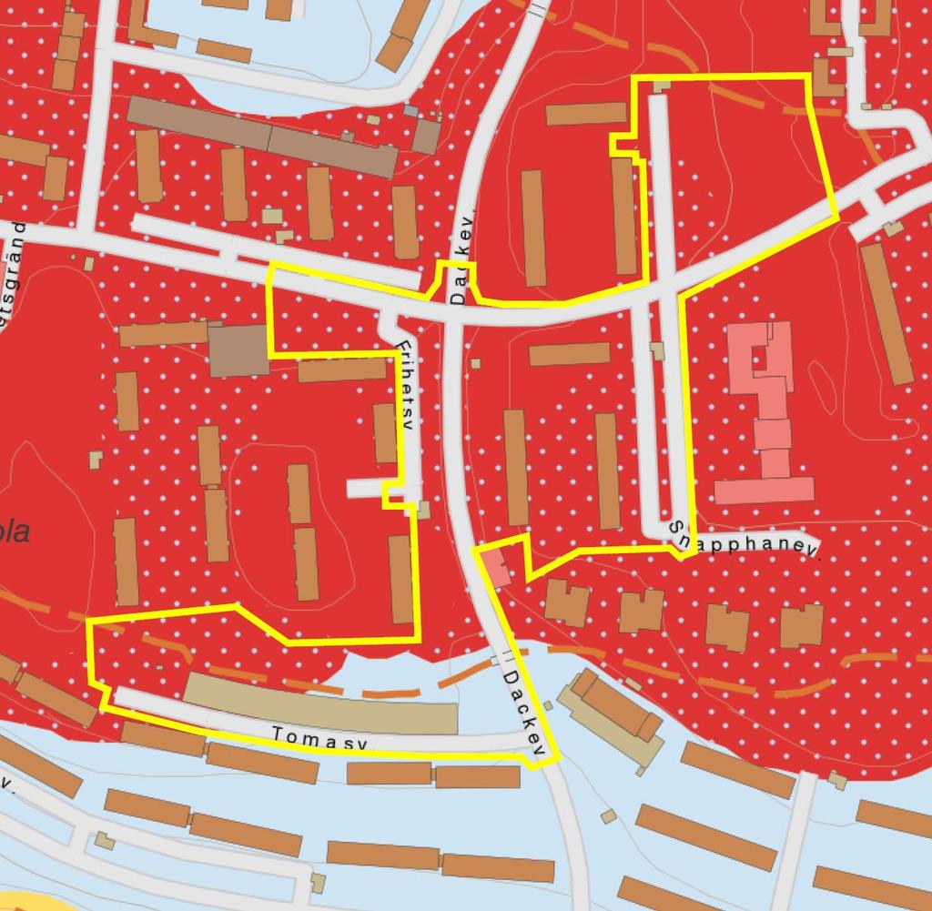 Sid 12 () Figur 4. Jordartskarta från SGU (2015) visande att aktuellt utredningsområde domineras av urberg (rött) med moräntäcke (prickigt). I sänkorna syns sandig morän (ljusblått).