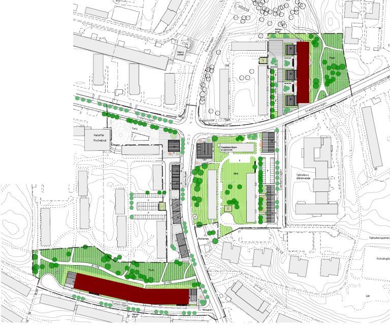 Sid 16 () Planområdesgräns Befintlig bebyggelse Möjlig framtida bebyggelse Markparkering Befintlig gångbana Ny gångbana Ny gång- och cykelväg Gårdsmiljö Träd Illustrerat förslag innebär närmare
