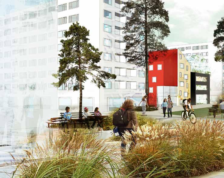 Programförslaget Park och plats Visionsbild. I den centrala delen av Eriksberg föreslås en högre täthet av bebyggelse, verksamheter och aktiviteter.