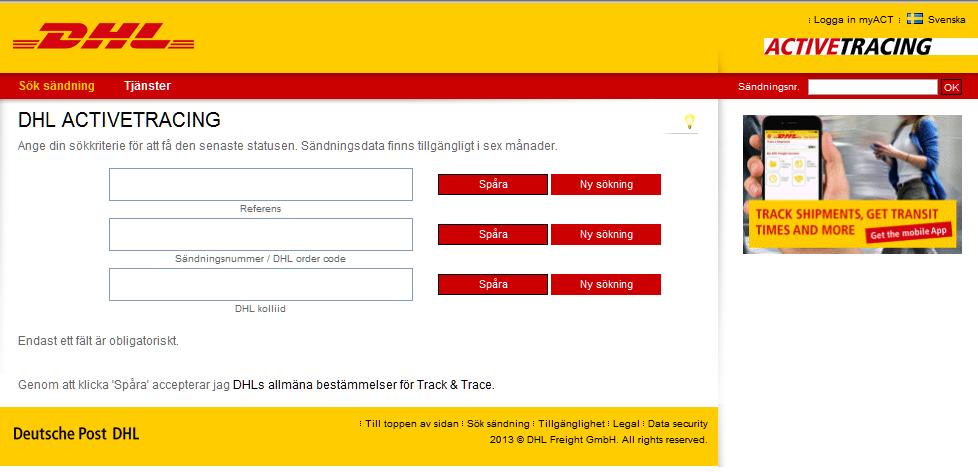 Benutzerhandbuch, November 2009 Seite 4 1. Åtkomst Skriv in följande adress för att komma till DHL ACTIVETRACING: https://activetracing.dhl.