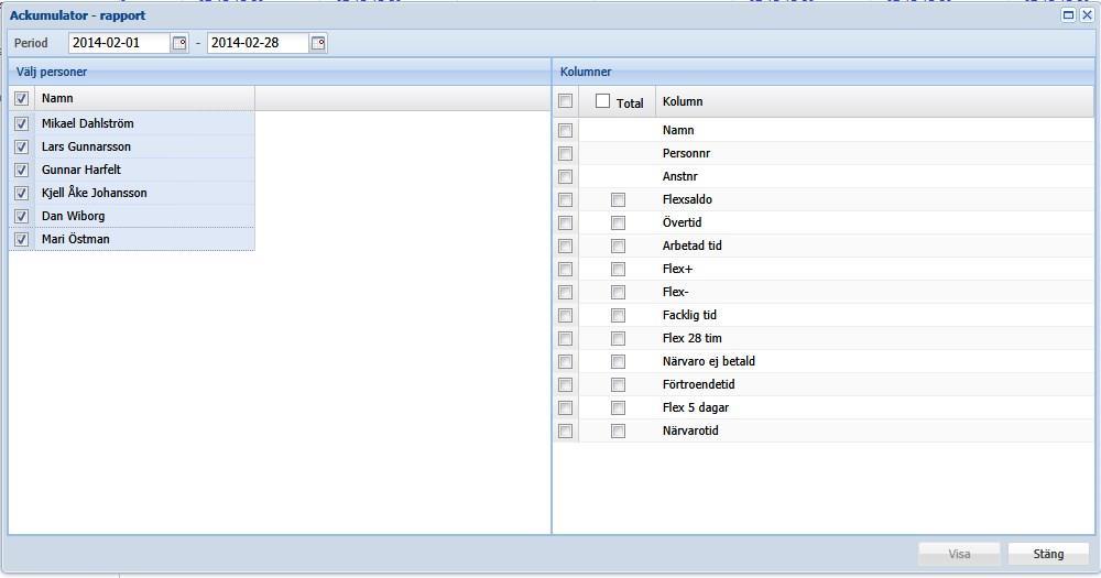 Ackumulator rapport I den vänstra kolumnen väljer du vilka av dina medarbetare du vill se och i den högra kolumnen väljer du vilka