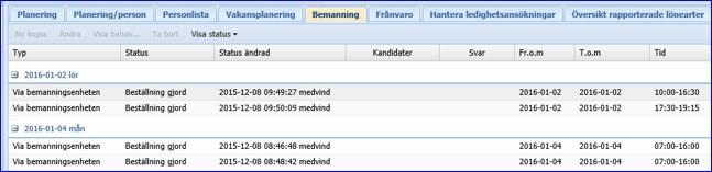 Hantera Fliken Vakansplanering Vakansplaneringsfliken visar alla vakanser som uppstått på grund av frånvaro, vakanta schemarader eller vakanta pass.