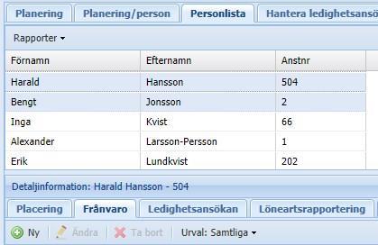 Observera att den frånvaro som du lägger in här blir beviljad direkt Skapa en ny frånvaro Från fliken Personlista Markera fliken Personlista.