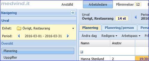 Översikt Planering Det är i planeringen som medarbetarens planerade arbetstider läses upp. Du ser samtliga personer som förekommer på respektive enhet under den valda perioden.