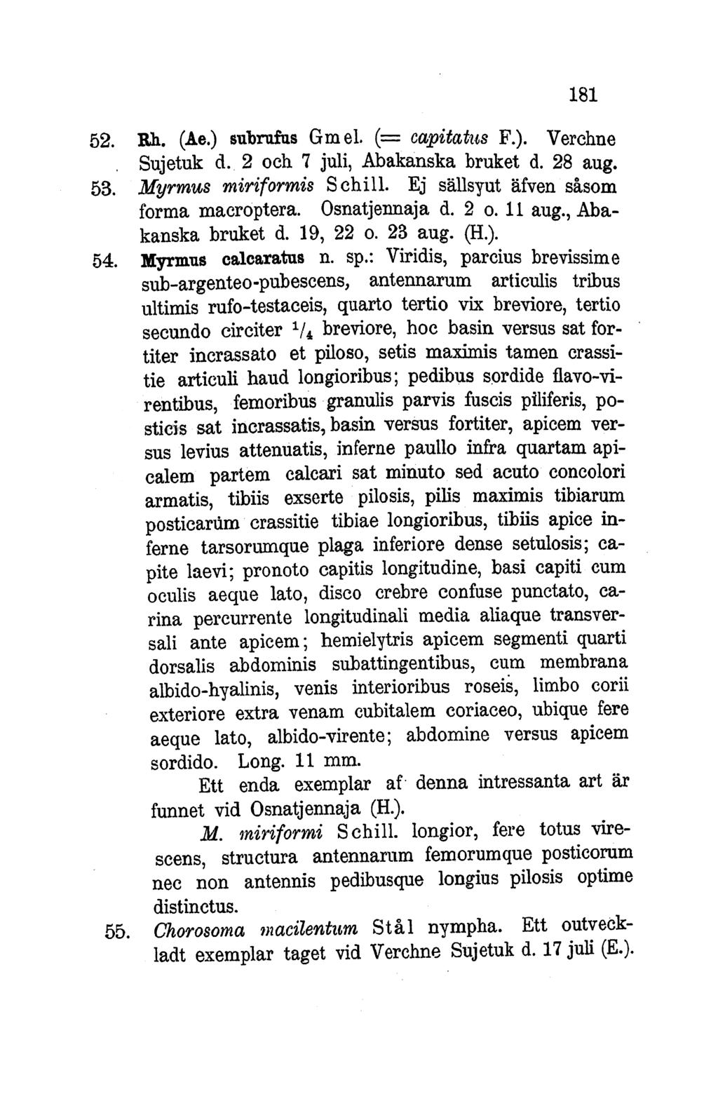 181 52. Rh. (Ae.) subrufus Gm el. (= capitat-ts F.). Verchue Sujetuk d. 2 och 7 juli, Abakanska bruket d. 28 aug. 53. Myrmus miriformis Schill. Ej sallsyut afven sasom forma macropptera.