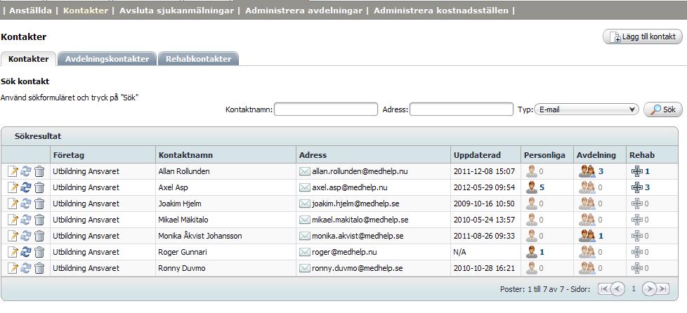 Uppdatera kontakt Om du önskar ta bort en kontakt helt från systemet klickar du