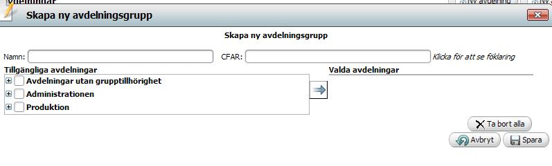 Lägga till en ny avdelningsgrupp Genom att klicka på knappen Ny avdelningsgrupp kan du lägga till en ny grupp och samtidgt koppla avdelningar till denna.