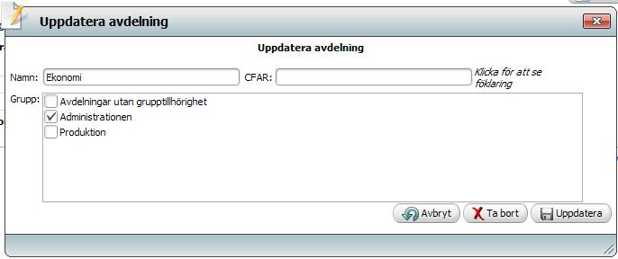 Ta bort en avdelningsgrupp eller en avdelning Du kan ta bort en avdelningsgrupp genom att klicka på soptunnan ligger i gruppen under Avdelningar utan