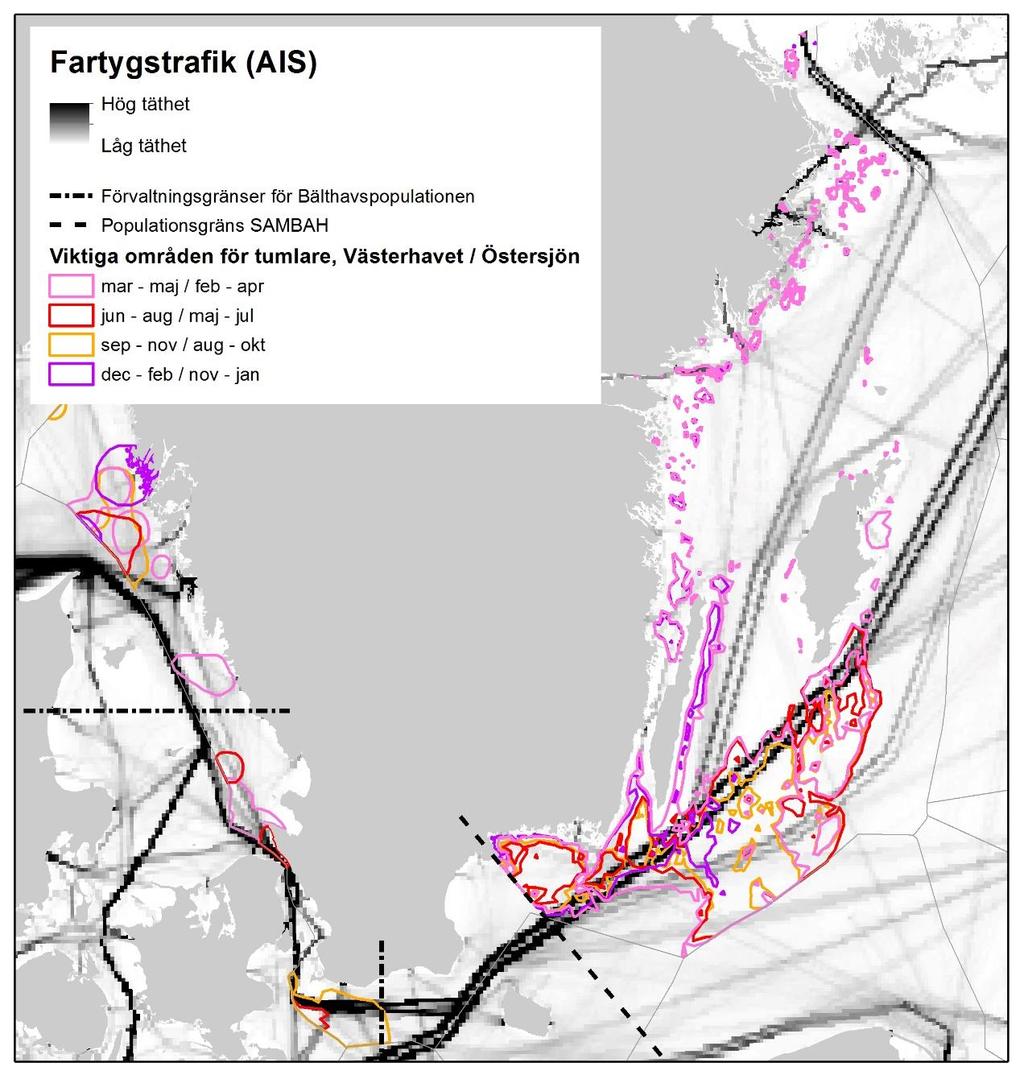 AquaBiota Report 2016:04 sjuryggsfångst mar maj utvalda arter helår Fiskodlingar Musselodlingar Figur 4. Månadsmedelvärde för AIS-trafik under 2011.