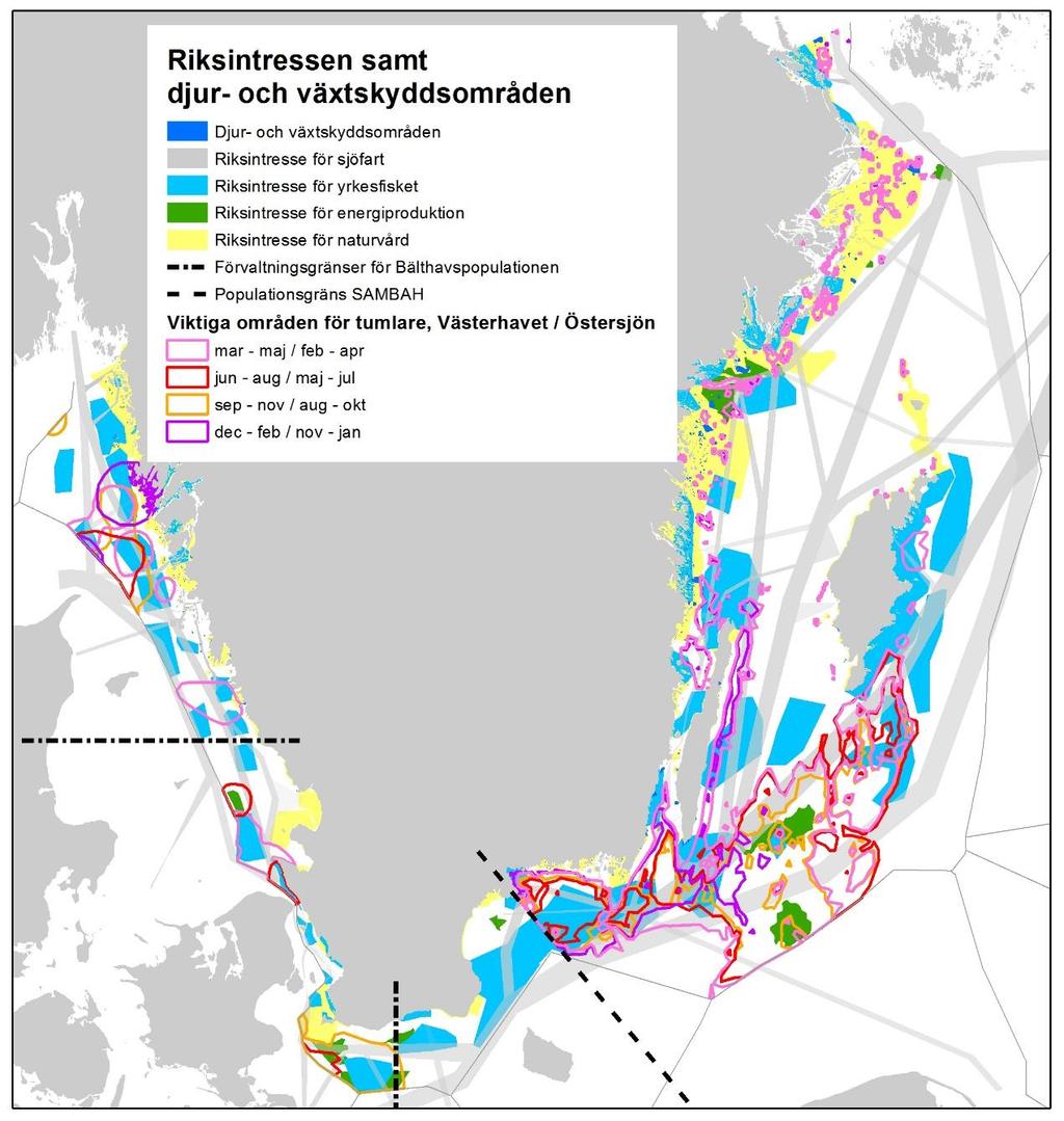 AquaBiota Report 2016:04 Figur 8. Riksintressen samt djur- och växtskyddsområden som kan vara relevanta vid förvaltning av tumlare.
