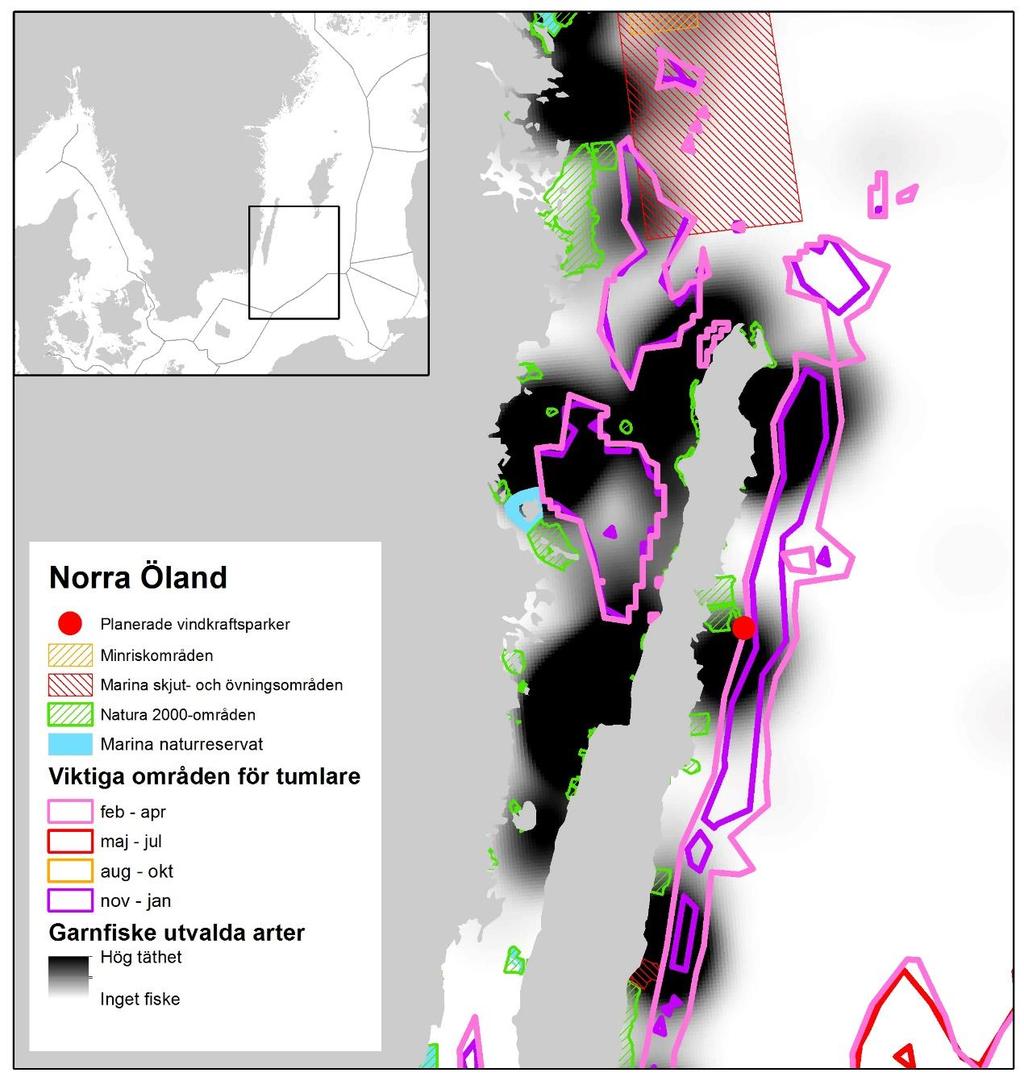 Skyddsvärda områden för tumlare i svenska vatten naturreservat finns i närområdet, men inget av dessa överlappar med de viktiga tumlarområdena. Figur 16.