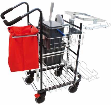 Vagnen har extra stor kapacitet för att lasta städmaterial. Hjulen har snygg design och håller en hög kvalitet.