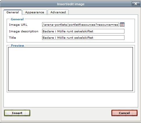 Klicka på bilden för att infoga den i artikeln o o o Image description ange en text som visas när markören förs över bilden. Title ange en beskrivande text endast om bilden ska fungera som en länk.