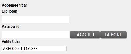 denna syntax i fältet Sökfråga: id:(16402 OR 301062 OR 42678) Om du vill koppla vissa titlar till din artikel ska du göra så här: Sök upp relevanta titlar i Arena eller BOOK-IT/LIBRA.SE.