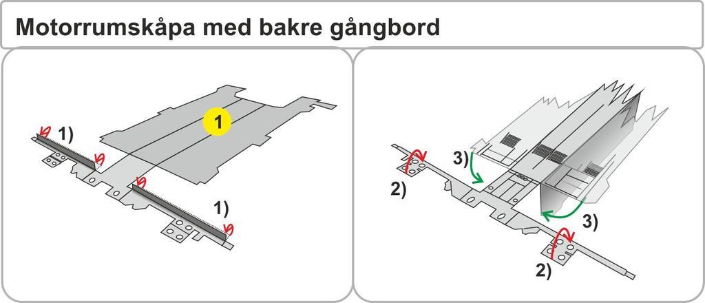 11 Bygge Moment 2 Motorrumskåpa och förarhytt Underrede, gångbordsplatta och motorrumskåpa Börja med del (1), motorrumskåpan. Lägg det med insidan upp, enligt bilden ova