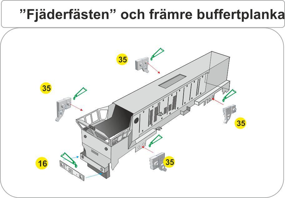 17 Nu skall de fyra 3D-printade fjäderbenen (35) fästas mot underredet, de kan monteras omålade.